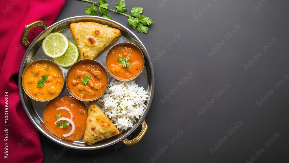Overhead Shot of Indian Thali and Sides Overhead Shot of Indian Thali and Sides