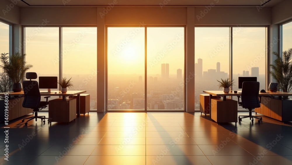Fototapeta premium A modern office featuring expansive providing an inspiring view of the city with contemporary design elements encouraging productivity and collaboration