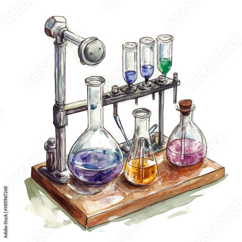 Science Lab Setup, watercolor vector, isolated on a white background.
