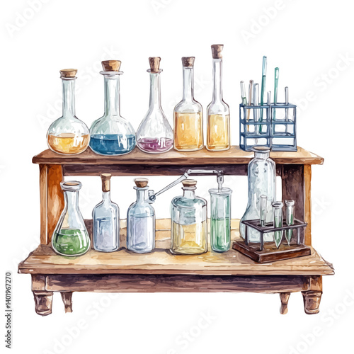 Science Lab Setup, vector watercolor illustration, isolated on a white background.