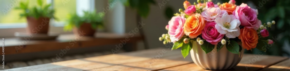 Spring floral bouquet on wooden table with soft lamp glow, spring flowers, bouquet Spring floral bouquet on wooden table with soft lamp glow, spring flowers, bouquet