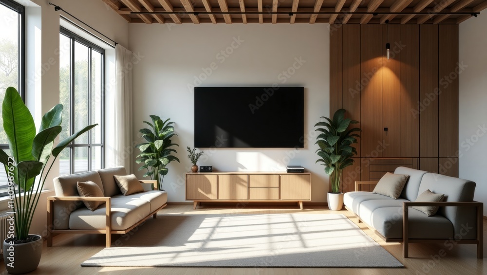 Modern living room featuring a comfortable sofa and a television creating a relaxed space for leisure activities and enjoyable evenings with family and friends in scandinavian style Modern living room featuring a comfortable sofa and a television creating a relaxed space for leisure activities and enjoyable evenings with family and friends in scandinavian style