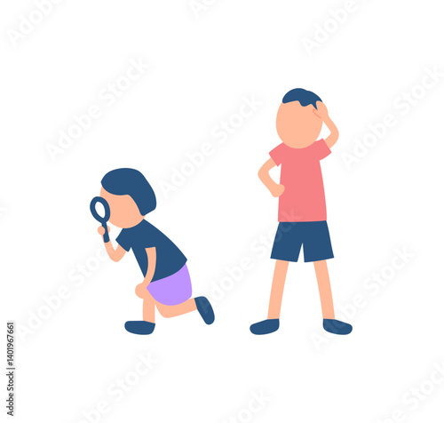 虫眼鏡で観察する女の子と男の子のイラスト