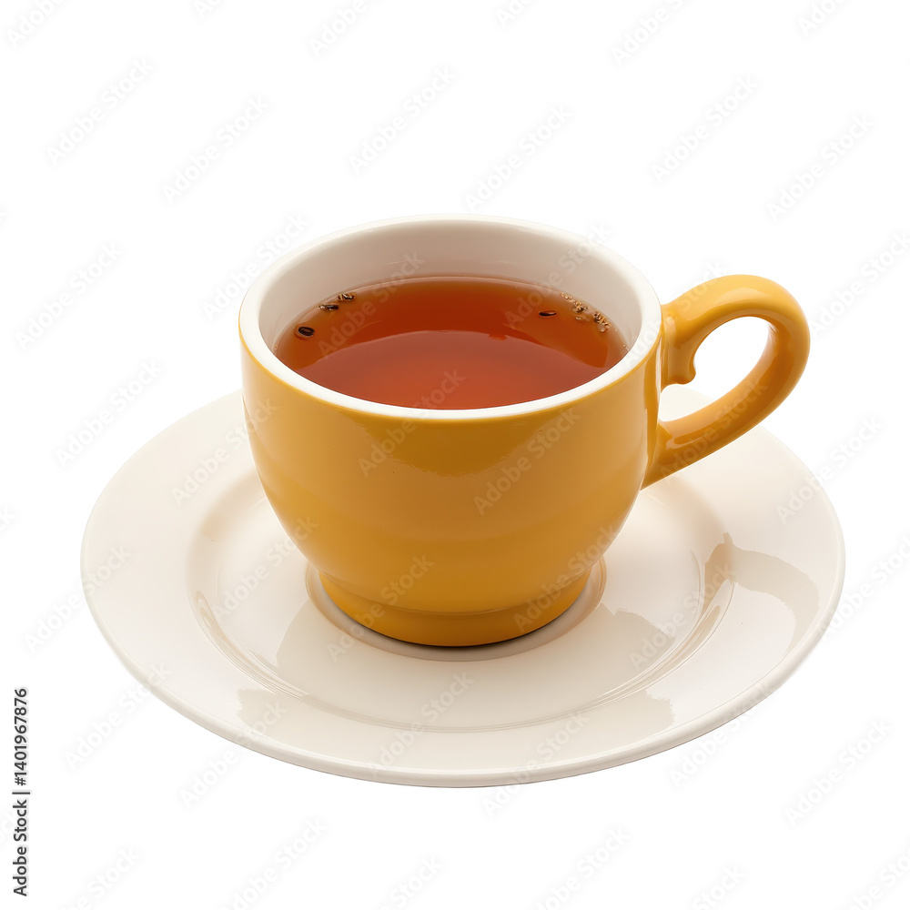 A warm cup of tea with a rich amber color, served in a yellow ceramic mug on a white saucer. A warm cup of tea with a rich amber color, served in a yellow ceramic mug on a white saucer.