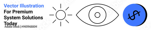 Sun symbol, abstract eye, dollar sign on blue shape. Ideal for finance, innovation, vision, strategy, branding, marketing technology flat landing page banner