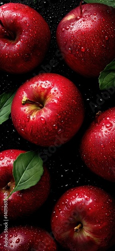 Fresh Red Apples with Water Droplets on Black Background