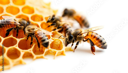 Close-up of bees working on honeycomb, showcasing their natural beauty.