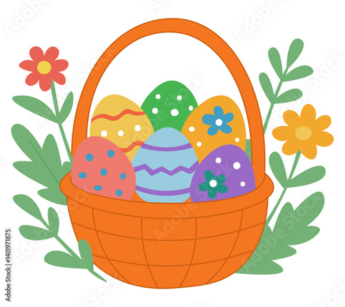 Colorful Easter Basket with Decorated Eggs and Spring Flowers Vector Illustration. Festive Easter Basket with Colorful Eggs and Floral Decorations Flat Style Art. Spring Easter Basket Full of Painted.