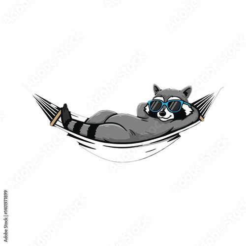 Raccoon relaxing in a hammock with sunglasses