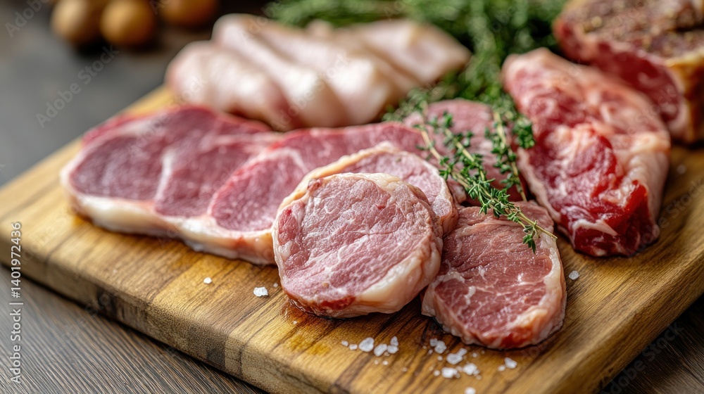 Variety of raw meats on a wooden cutting board Variety of raw meats on a wooden cutting board