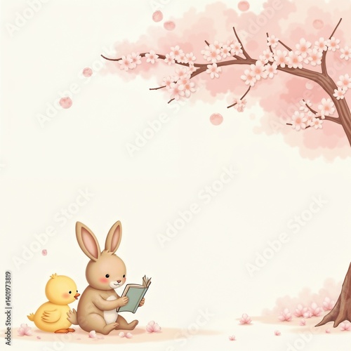 Soft Dreamy Illustration of Bunny and Chick Reading Under Blooming Cherry Blossom Tree - Pastel Colors with Light Textures - Whimsical and Calm Scene with White Border