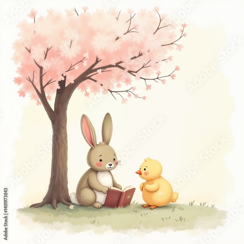 Soft Dreamy Illustration of Bunny and Chick Reading Under Blooming Cherry Blossom Tree - Pastel Colors with Light Textures - Whimsical and Calm Scene with White Border