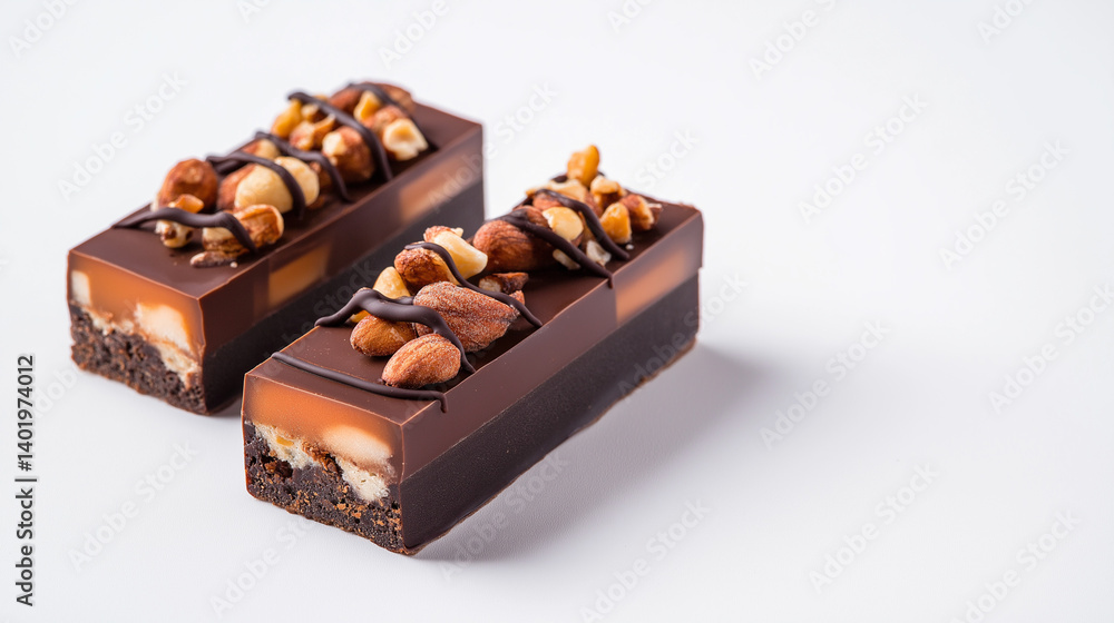Two gourmet chocolate bars with caramel, hazelnuts, and a drizzle of dark chocolate, isolated on a white background.
Two gourmet chocolate bars with caramel, hazelnuts, and a drizzle of dark chocolate, isolated on a white background.