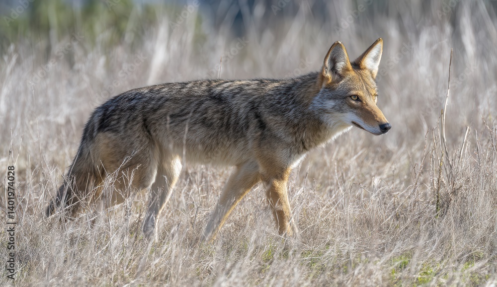 Coyote stealthily moves through dry grass under the sun, showcasing its beautiful fur and alert stance. Coyote stealthily moves through dry grass under the sun, showcasing its beautiful fur and alert stance.