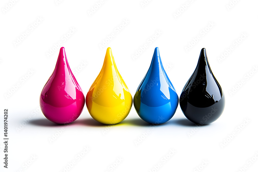 CMYK color ink drops in magenta, yellow, cyan, and black on white background representing print design, color theory, printing technology, and graphic production elements CMYK color ink drops in magenta, yellow, cyan, and black on white background representing print design, color theory, printing technology, and graphic production elements