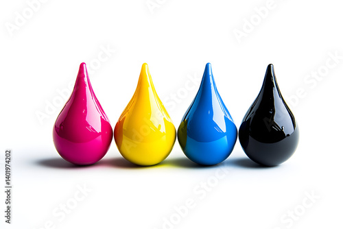 CMYK color ink drops in magenta, yellow, cyan, and black on white background representing print design, color theory, printing technology, and graphic production elements
