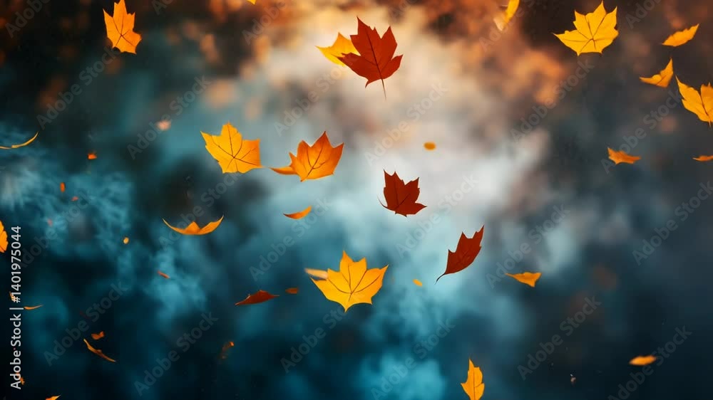 Falling autumn leaves against smoky sky backdrop Falling autumn leaves against smoky sky backdrop