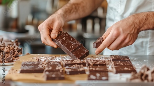 Skilled chocolatier prepares handmade chocolate bars in a vibrant kitchen setting during afternoon hours