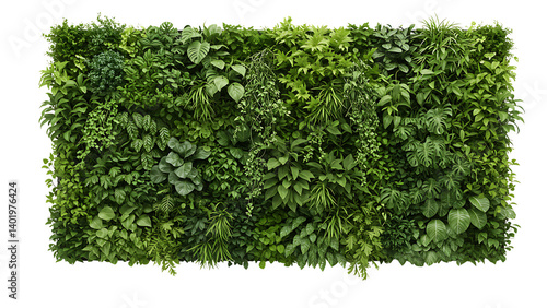 Lush green vertical garden wall filled with diverse tropical foliage and leafy plant species