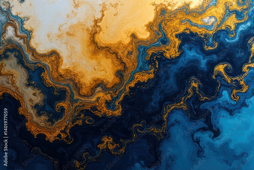 Mesmerizing Ink in Water: Abstract Photography of Gold and Indigo Swirling Patterns Mesmerizing Ink in Water: Abstract Photography of Gold and Indigo Swirling Patterns