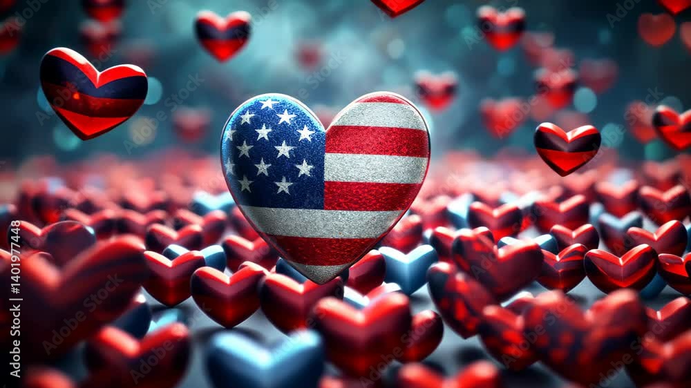 Textured Heart in American Flag Colors Centered in a Floating Array of Red Miniature Hearts. 4th of July, Independence Day greeting card background Modern banner.