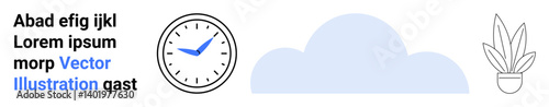 Clock with blue hands, light blue cloud, and minimal potted plant. Ideal for time management, weather updates, productivity, minimalism, work-life balance, eco-friendly design flat landing page