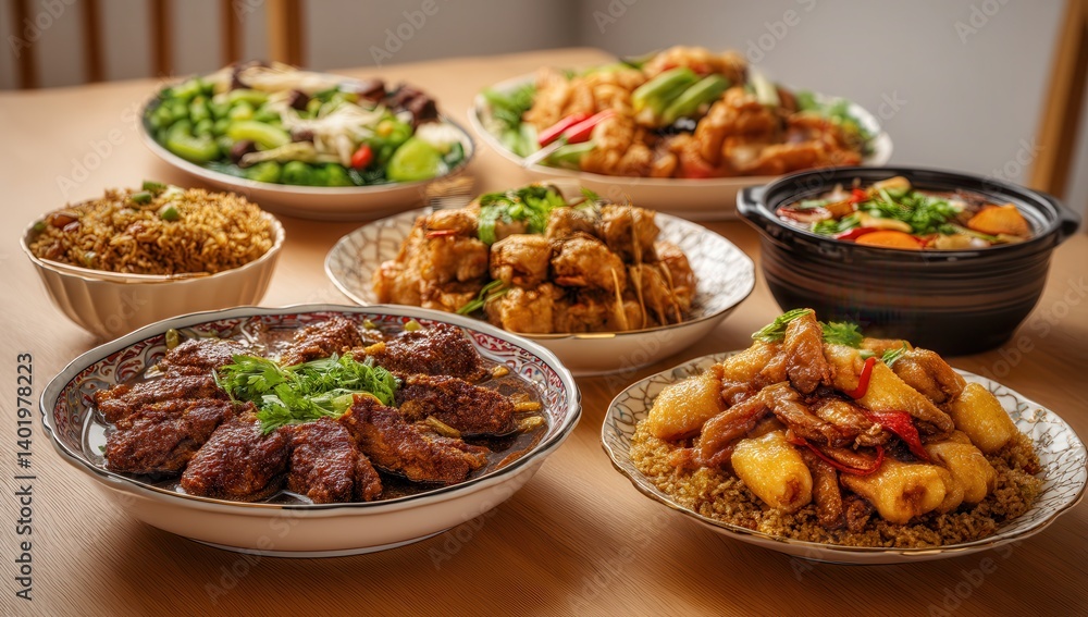 A variety of Asian dishes displayed on a wooden table, showcasing vibrant colors and diverse flavors. A variety of Asian dishes displayed on a wooden table, showcasing vibrant colors and diverse flavors.