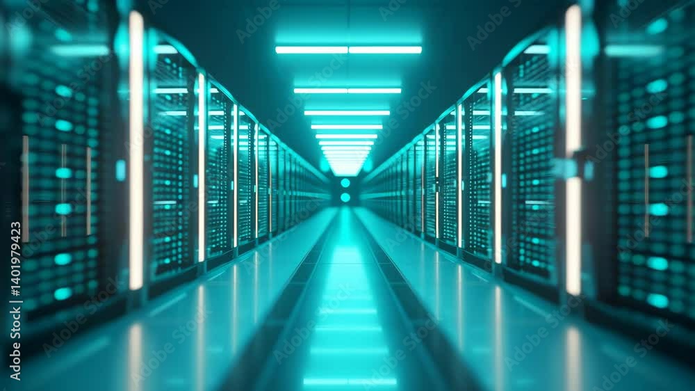 A brightly lit, futuristic-looking corridor lined with server racks, possibly within a data center A brightly lit, futuristic-looking corridor lined with server racks, possibly within a data center