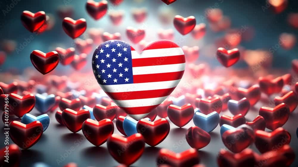 Textured Heart in American Flag Colors Centered in a Floating Array of Red Miniature Hearts. 4th of July, Independence Day greeting card background Unique banner.