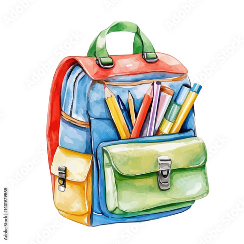 watercolor of School Backpack With Supplies, vector, isolated on a white background.