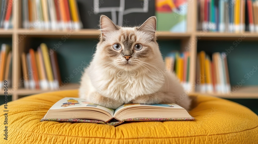 Cat Sitting on a Book in a Cozy Library Setting with Colorful Shelves and a Soft Yellow Cushion Cat Sitting on a Book in a Cozy Library Setting with Colorful Shelves and a Soft Yellow Cushion