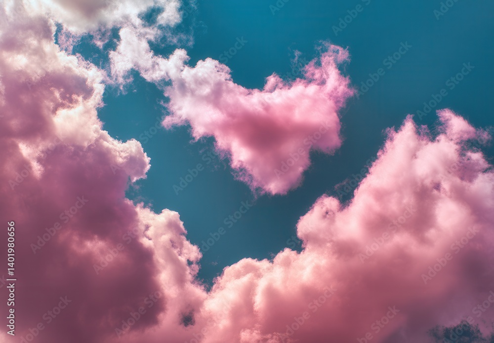 Fototapeta premium Vibrant pink clouds against a serene blue sky create a dreamy and calming atmosphere.