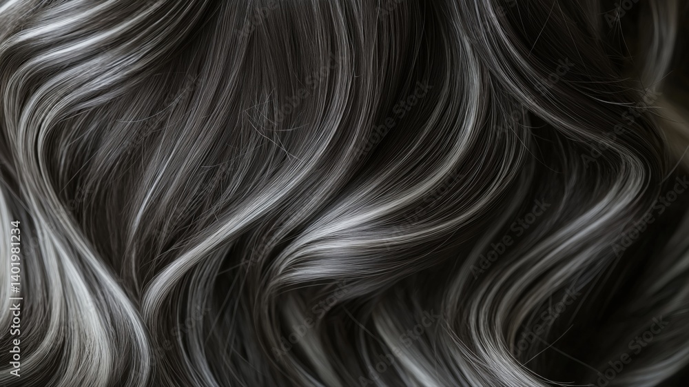 Fototapeta premium Beautiful wavy black and silver hair flowing elegantly in soft light
