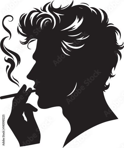 young male smoking head illustration, man smoking cigarette, young male smoking head  silhouette vector isolated on white background