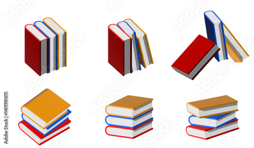 Stack of books illustrations in different style with transparent background. Stack of Colourful books