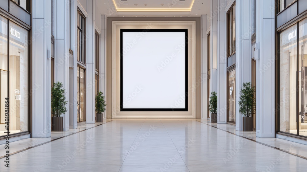 Modern empty shopping mall interior with blank screen for advertising and elegant architectural design elements Modern empty shopping mall interior with blank screen for advertising and elegant architectural design elements