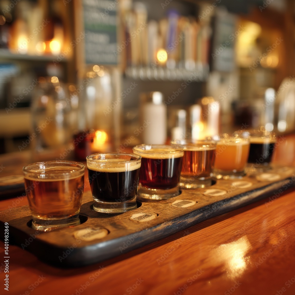 Artisanal Craft Beer Flight Displayed on a Rustic Wooden Tray at a Cozy Bar, Showcasing Diverse Hues and Rich Textures of Various Brew Styles, Evoking a Warm and Inviting Atmosphere Artisanal Craft Beer Flight Displayed on a Rustic Wooden Tray at a Cozy Bar, Showcasing Diverse Hues and Rich Textures of Various Brew Styles, Evoking a Warm and Inviting Atmosphere