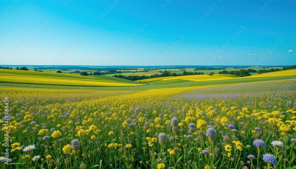 Vibrant wildflower field scenic landscape nature photography sunny day wide angle serenity Vibrant wildflower field scenic landscape nature photography sunny day wide angle serenity