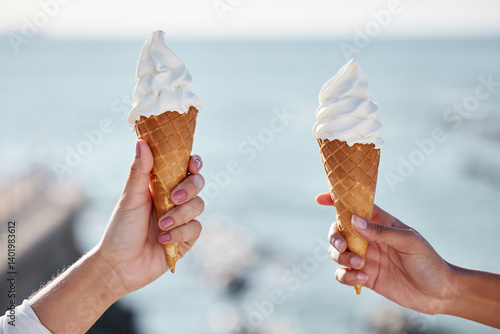 Photography Women, ice cream and hands at a beach on summer holiday with dessert and sweet treat