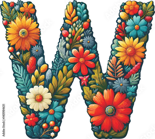 Doodle flower letter W. Floral element of colorful alphabet made from flowers