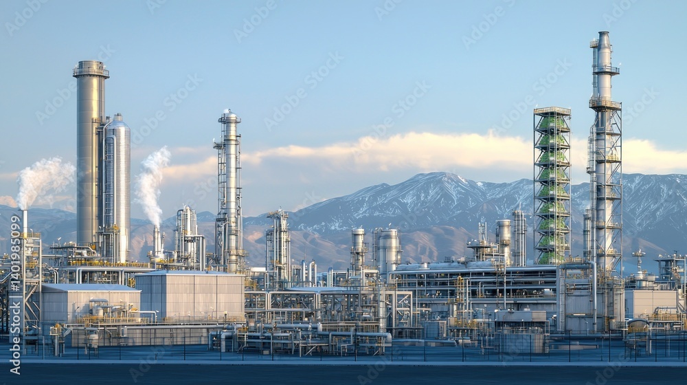 Industrial Plant Complex, Mountain Scenery Background, Operations, Digital Render Industrial Plant Complex, Mountain Scenery Background, Operations, Digital Render