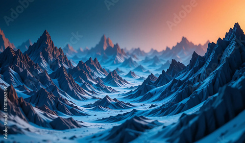 Dramatic, stylized mountain range at sunset. Sharp peaks, cool color palette. Ideal for fantasy or sci-fi backgrounds.