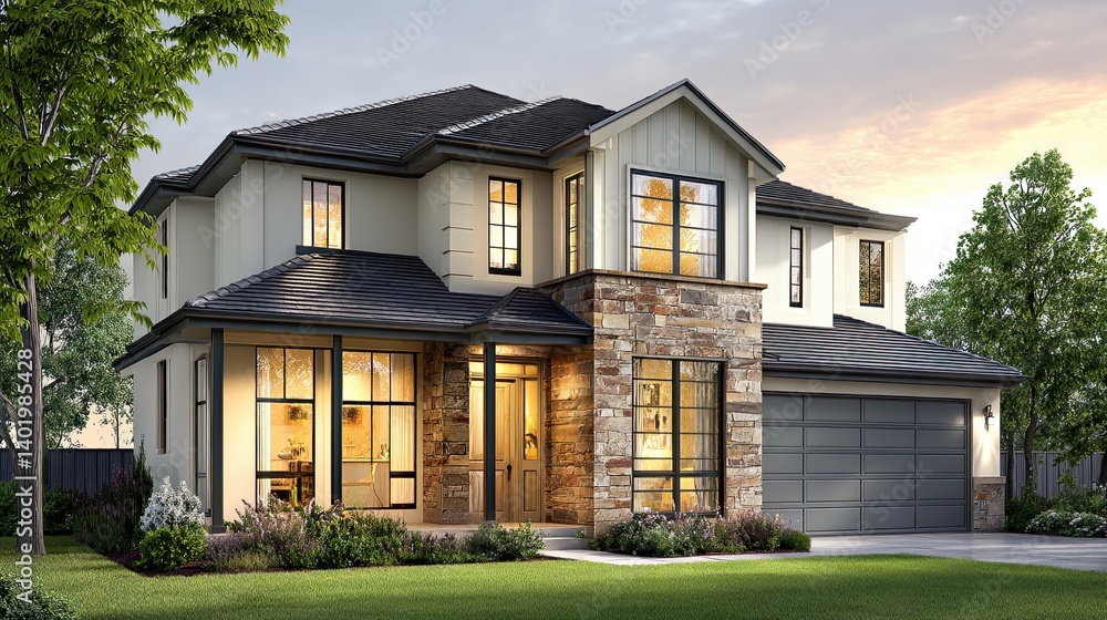 An elegant suburban home with pale yellow walls and earthy stone accents An elegant suburban home with pale yellow walls and earthy stone accents