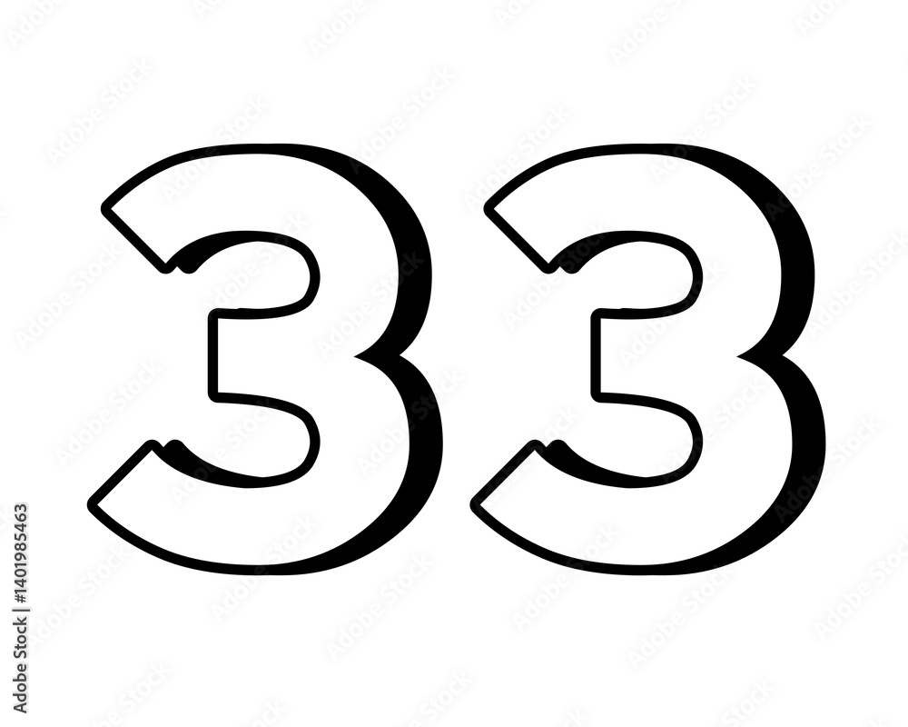 Naklejka premium White number 33 on transparent background, with a bold, 3D appearance and shadow effects for added depth and dimension design elements
