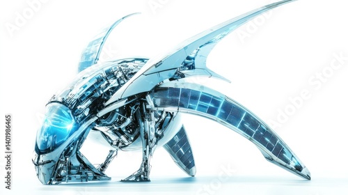 Futuristic robotic spacecraft engine with sleek mechanical design showcasing advanced digital technology and innovative cybernetic engineering  Conceptual high tech machine with metallic