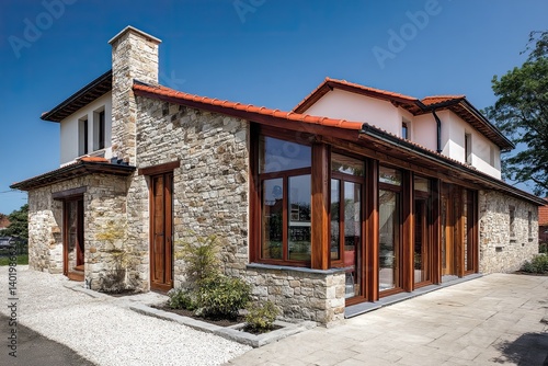 Stone country house with a wrap around glass sunroom extension against a clear blue sky for architectural design.