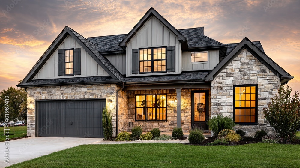 A beautiful farmhouse-style home with natural stone accents, large front-facing windows, and a lush green yard A beautiful farmhouse-style home with natural stone accents, large front-facing windows, and a lush green yard