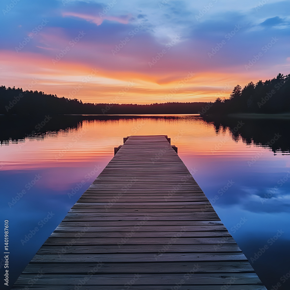 Fototapeta premium Wooden pier stretching into a tranquil lake under vibrant sunset sky, reflecting colors on still water, symbolizing peace, solitude, nature, relaxation, and scenic evening beauty