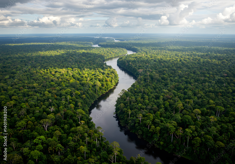 Wide-angle shot of lush rainforest with winding river and soft light breaking through Wide-angle shot of lush rainforest with winding river and soft light breaking through