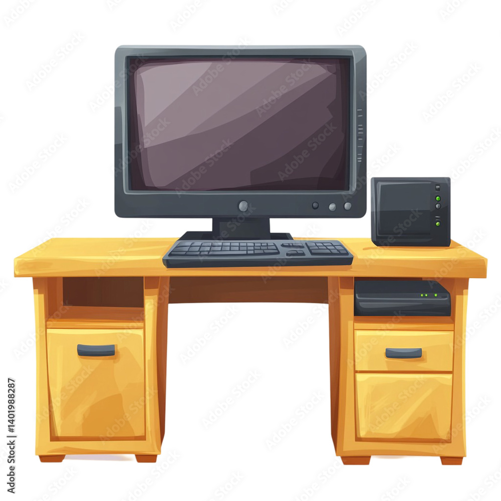 Neat wooden desk with computer keyboard and printer ready for work Neat wooden desk with computer keyboard and printer ready for work
